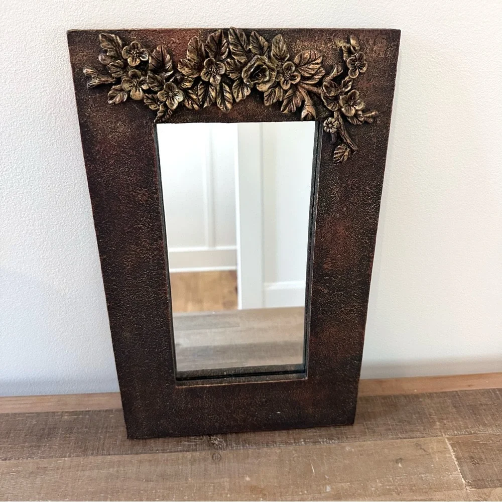 Vintage Rustic Bronze Floral Accent Wall Mirror 9 X 14” Framed Forged Flowers